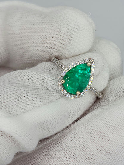 Pear Emerald and Halo Diamond Ring in 14k White Gold