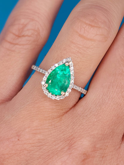 Pear Emerald and Halo Diamond Ring in 14k White Gold