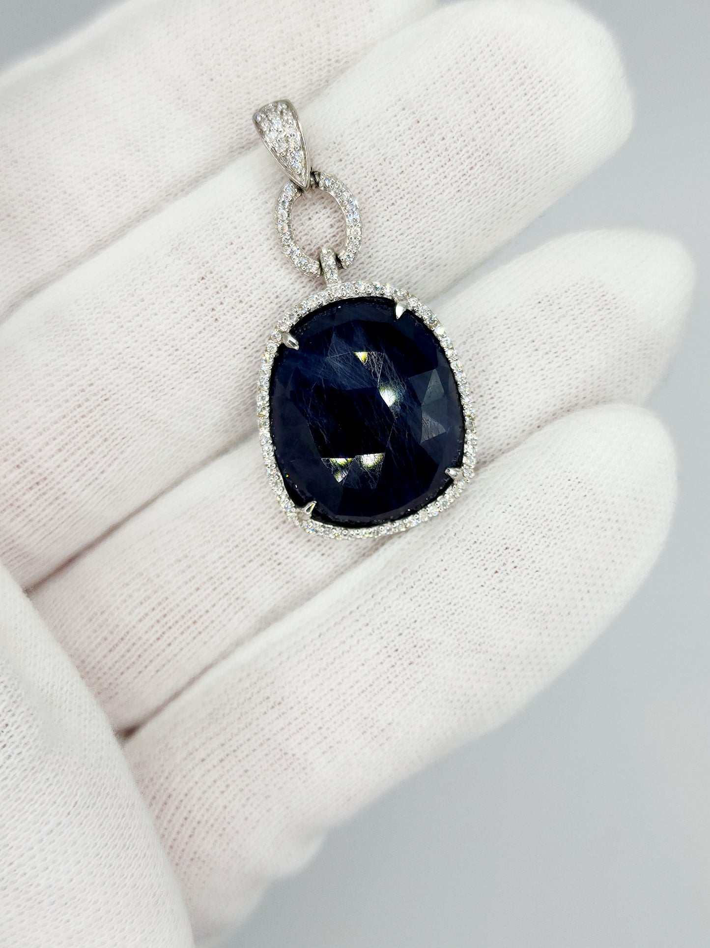 Free Form Large Genuine Sapphire and Diamonds Pendant in 14k White Gold