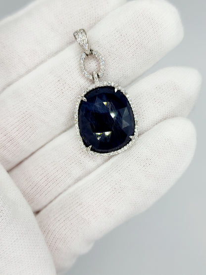 Free Form Large Genuine Sapphire and Diamonds Pendant in 14k White Gold