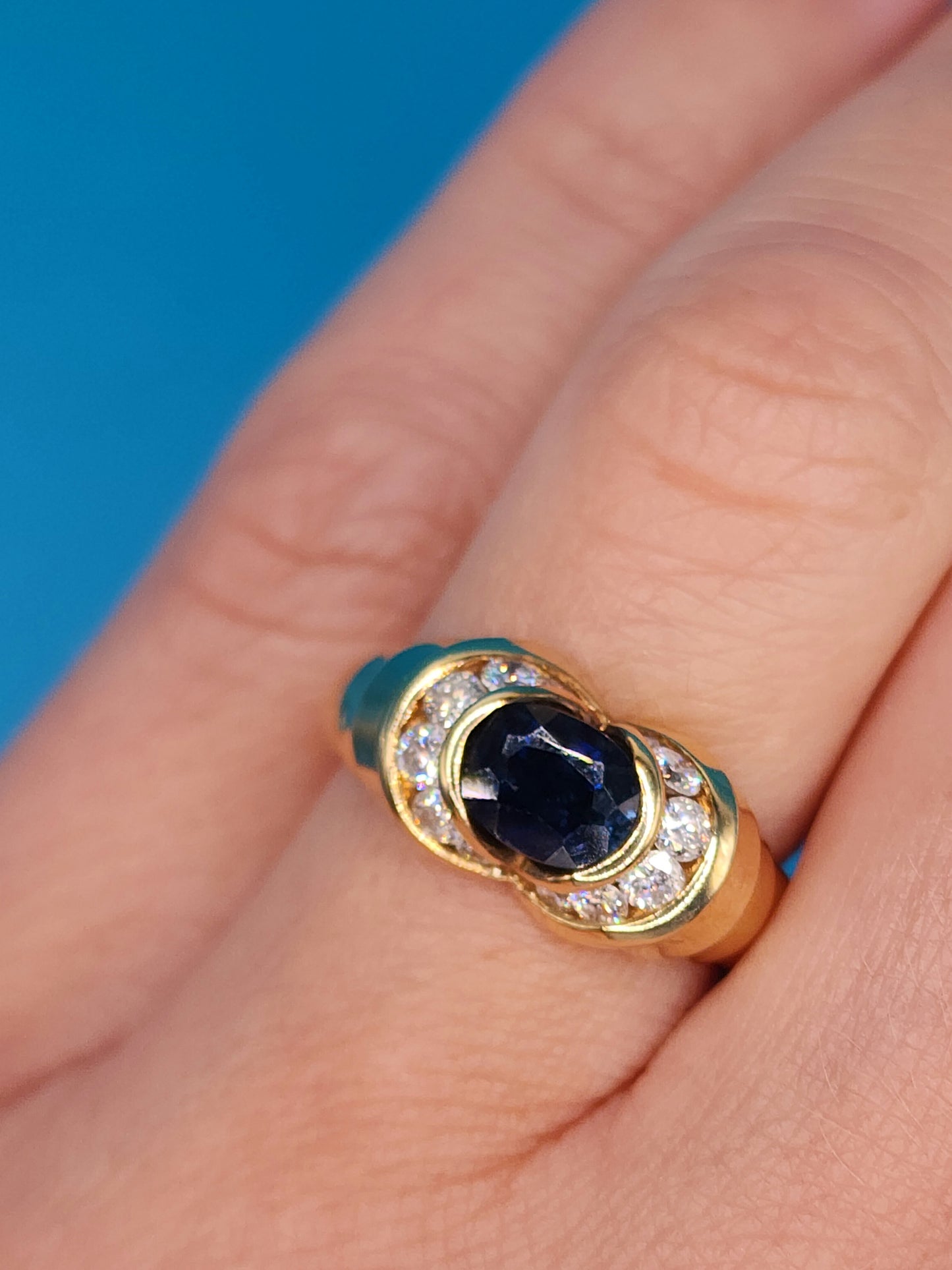 Deep Blue Sapphire and Diamonds East West Ladies Ring in 14k Yellow gold