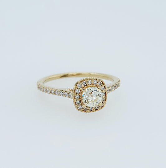 Ladies Diamond Halo Engagement Ring in 14K Yellow Gold with Old European Cut Center Diamond