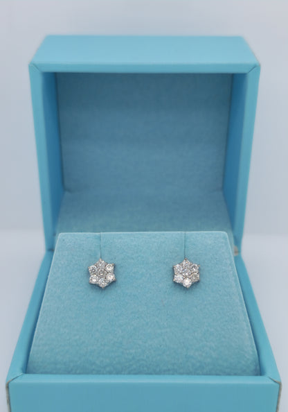 Flower Motif Diamond Stud Earrings in 14k White Gold