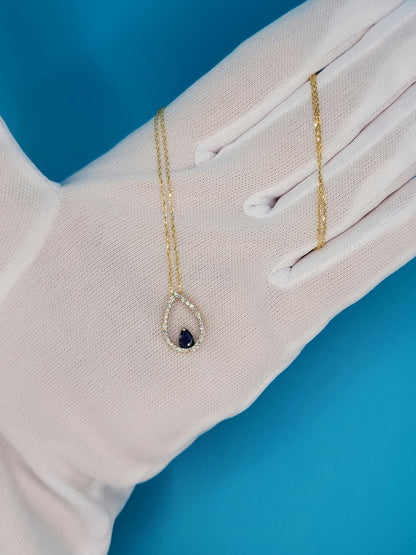 Tear Drop Diamond and Sapphire Pendant in 10k Yellow Gold