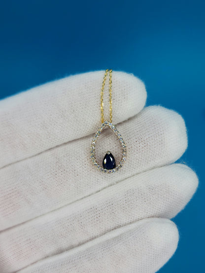 Tear Drop Diamond and Sapphire Pendant in 10k Yellow Gold