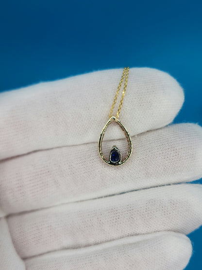 Tear Drop Diamond and Sapphire Pendant in 10k Yellow Gold