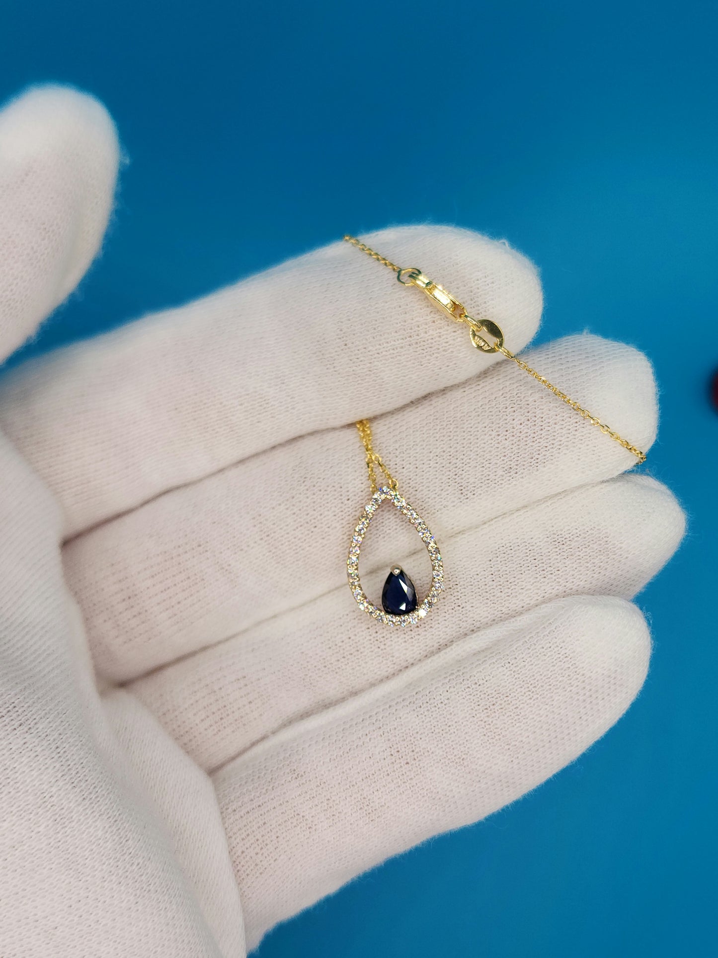 Tear Drop Diamond and Sapphire Pendant in 10k Yellow Gold