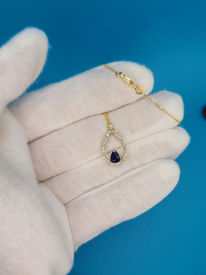 Tear Drop Diamond and Sapphire Pendant in 10k Yellow Gold