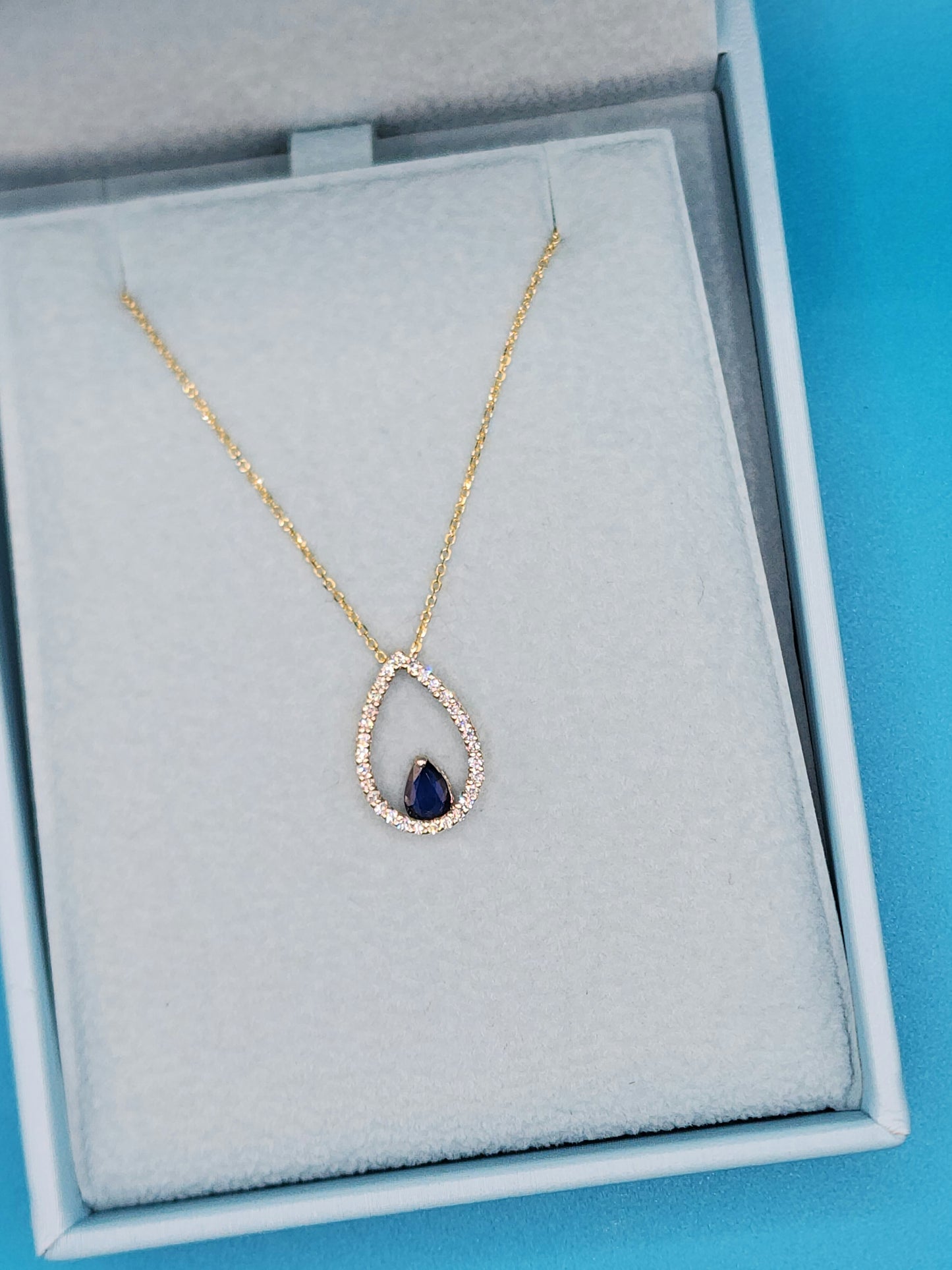 Tear Drop Diamond and Sapphire Pendant in 10k Yellow Gold