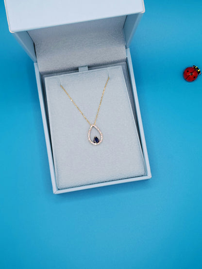 Tear Drop Diamond and Sapphire Pendant in 10k Yellow Gold