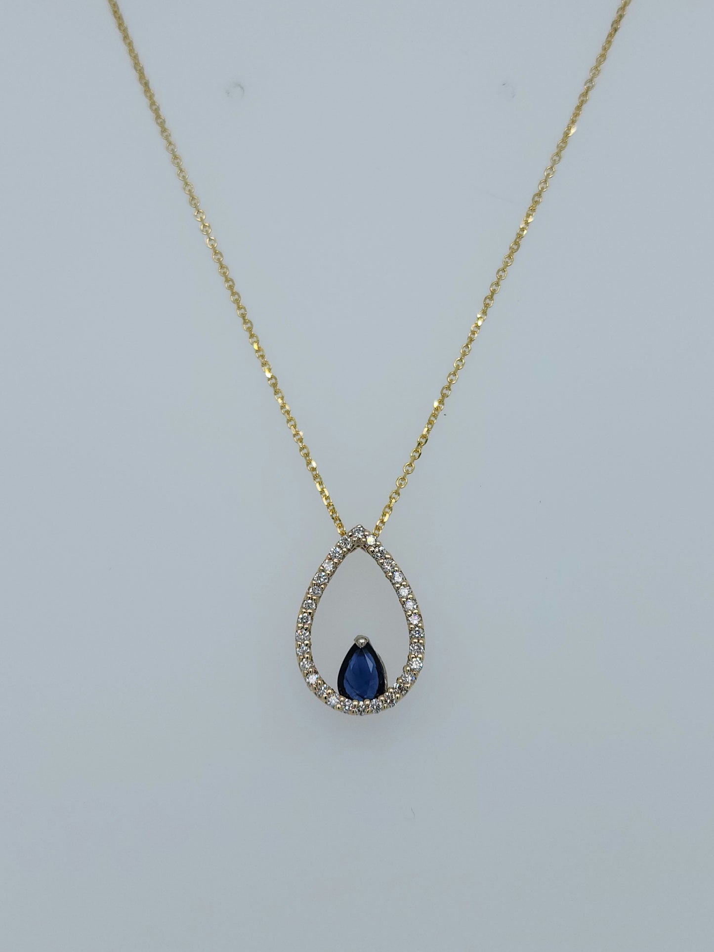 Tear Drop Diamond and Sapphire Pendant in 10k Yellow Gold