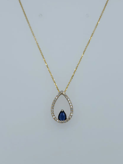 Tear Drop Diamond and Sapphire Pendant in 10k Yellow Gold