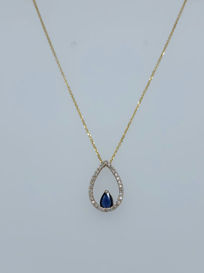 Tear Drop Diamond and Sapphire Pendant in 10k Yellow Gold