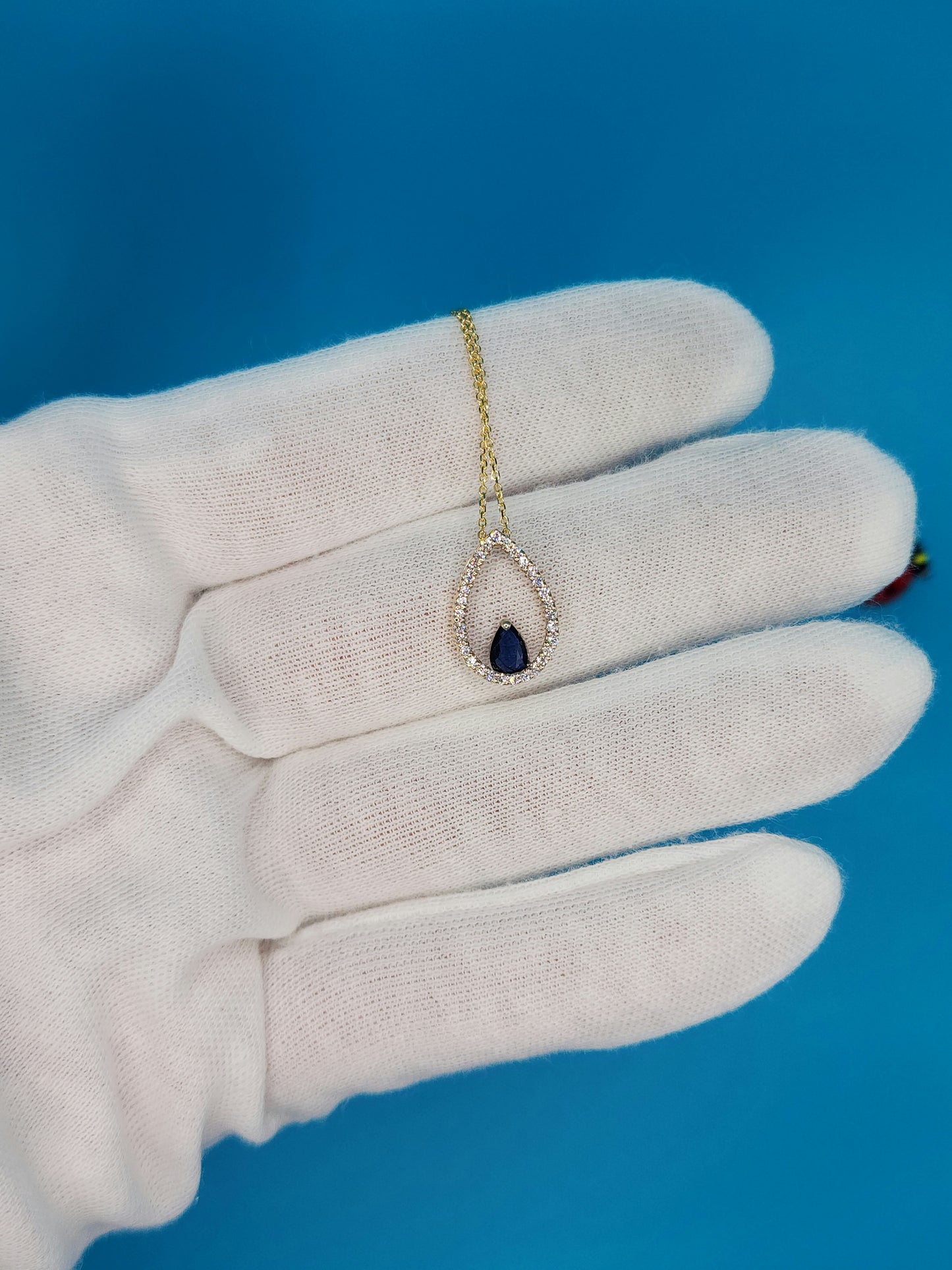 Tear Drop Diamond and Sapphire Pendant in 10k Yellow Gold