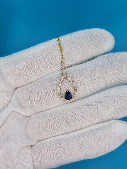 Tear Drop Diamond and Sapphire Pendant in 10k Yellow Gold