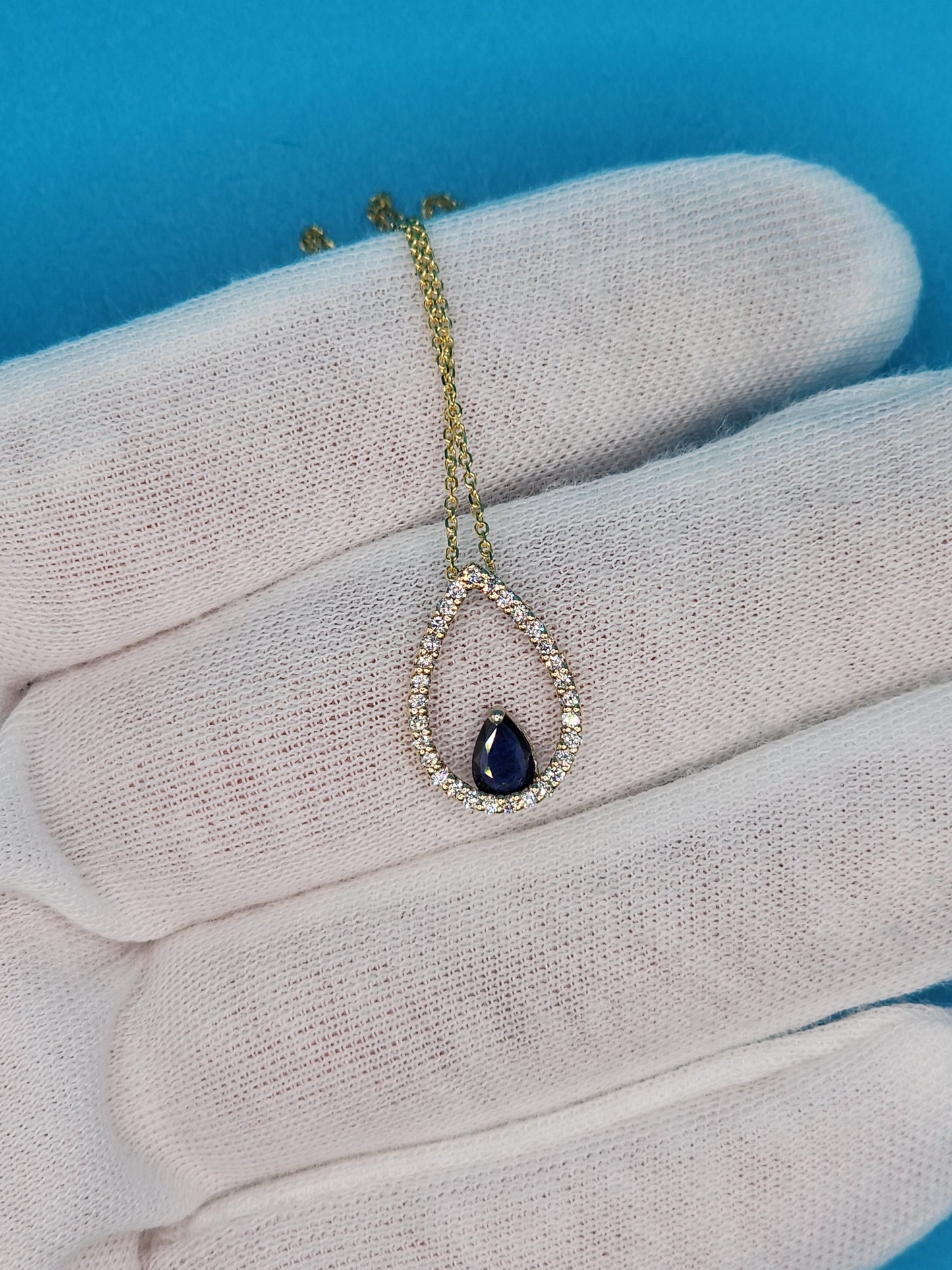 Tear Drop Diamond and Sapphire Pendant in 10k Yellow Gold