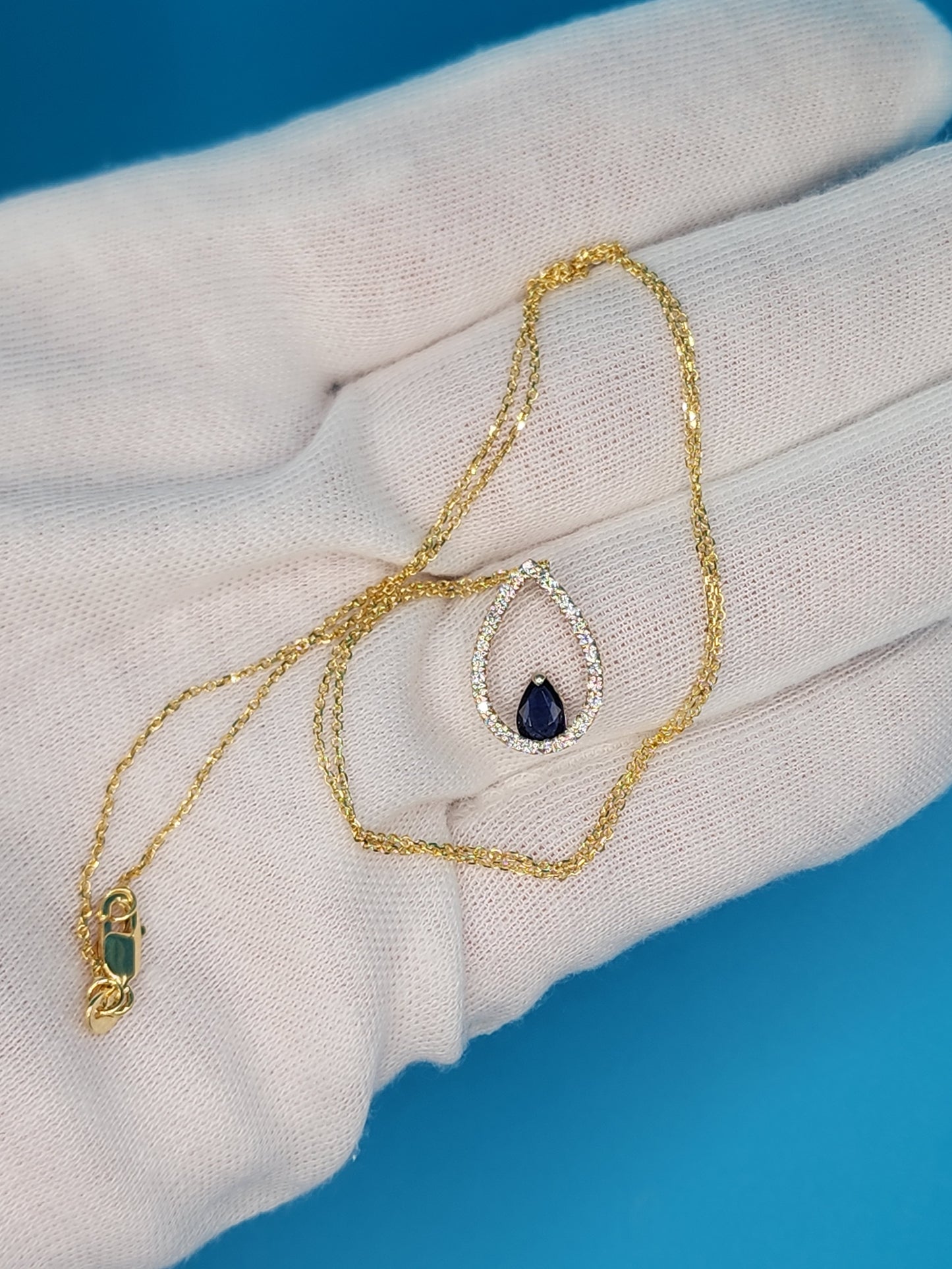 Tear Drop Diamond and Sapphire Pendant in 10k Yellow Gold