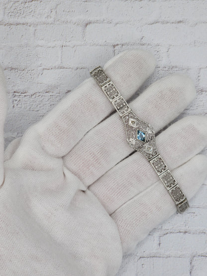 Art-Deco Aquamarine and Diamond Bracelet in 14k White Gold