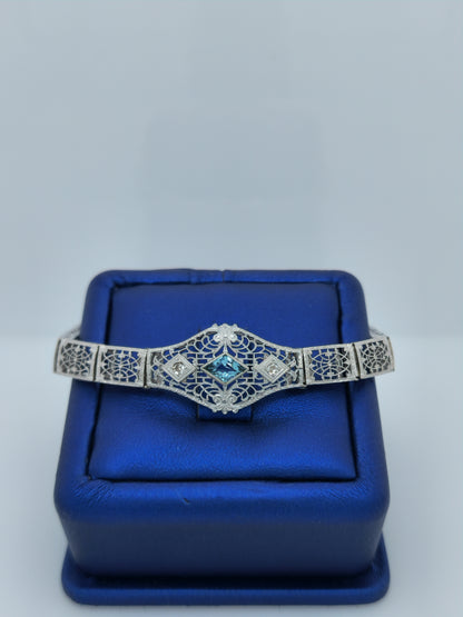 Art-Deco Aquamarine and Diamond Bracelet in 14k White Gold