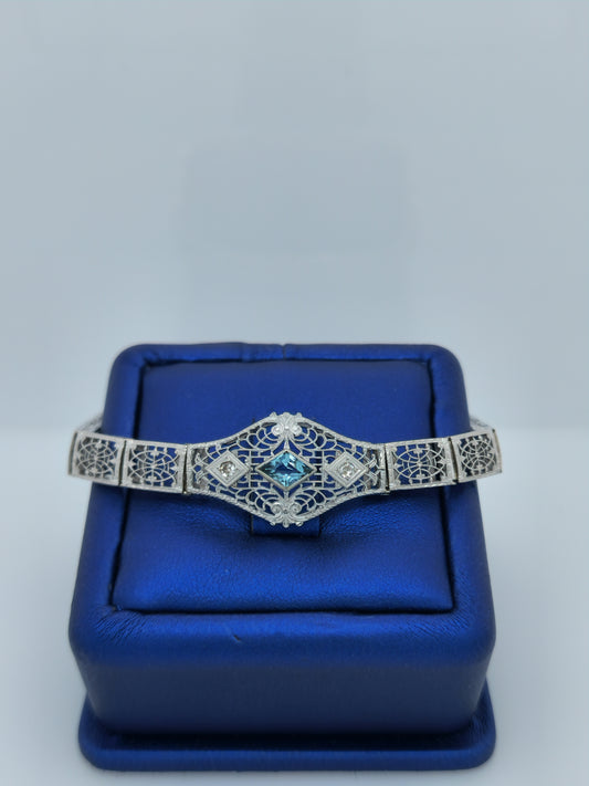 Art-Deco Aquamarine and Diamond Bracelet in 14k White Gold