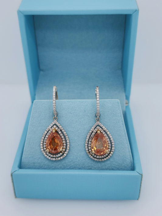 Pear-Shaped Imperial Topaz Double Diamond Halo Dangle Earrings in 18k White Gold