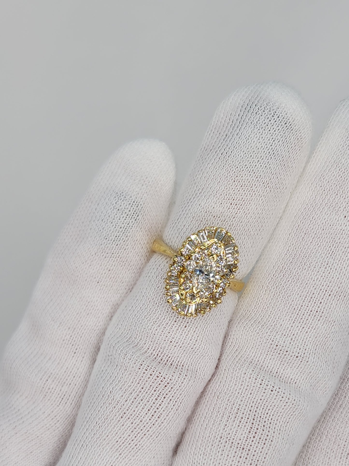 Ballerina Style Marquise Diamond Double Starburst Frame Engagement Ring in 18k Yellow Gold