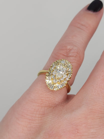 Ballerina Style Marquise Diamond Double Starburst Frame Engagement Ring in 18k Yellow Gold