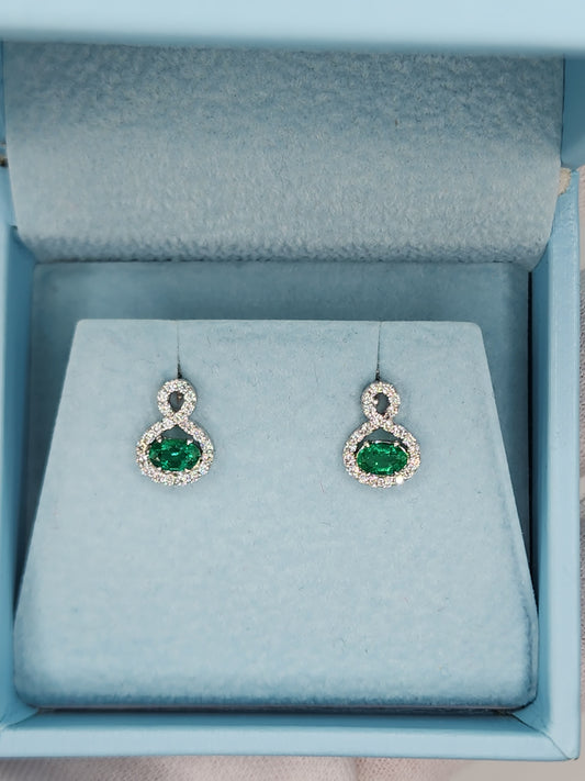 Emerald and Diamond Infinity Stud Earrings in 14k White Gold