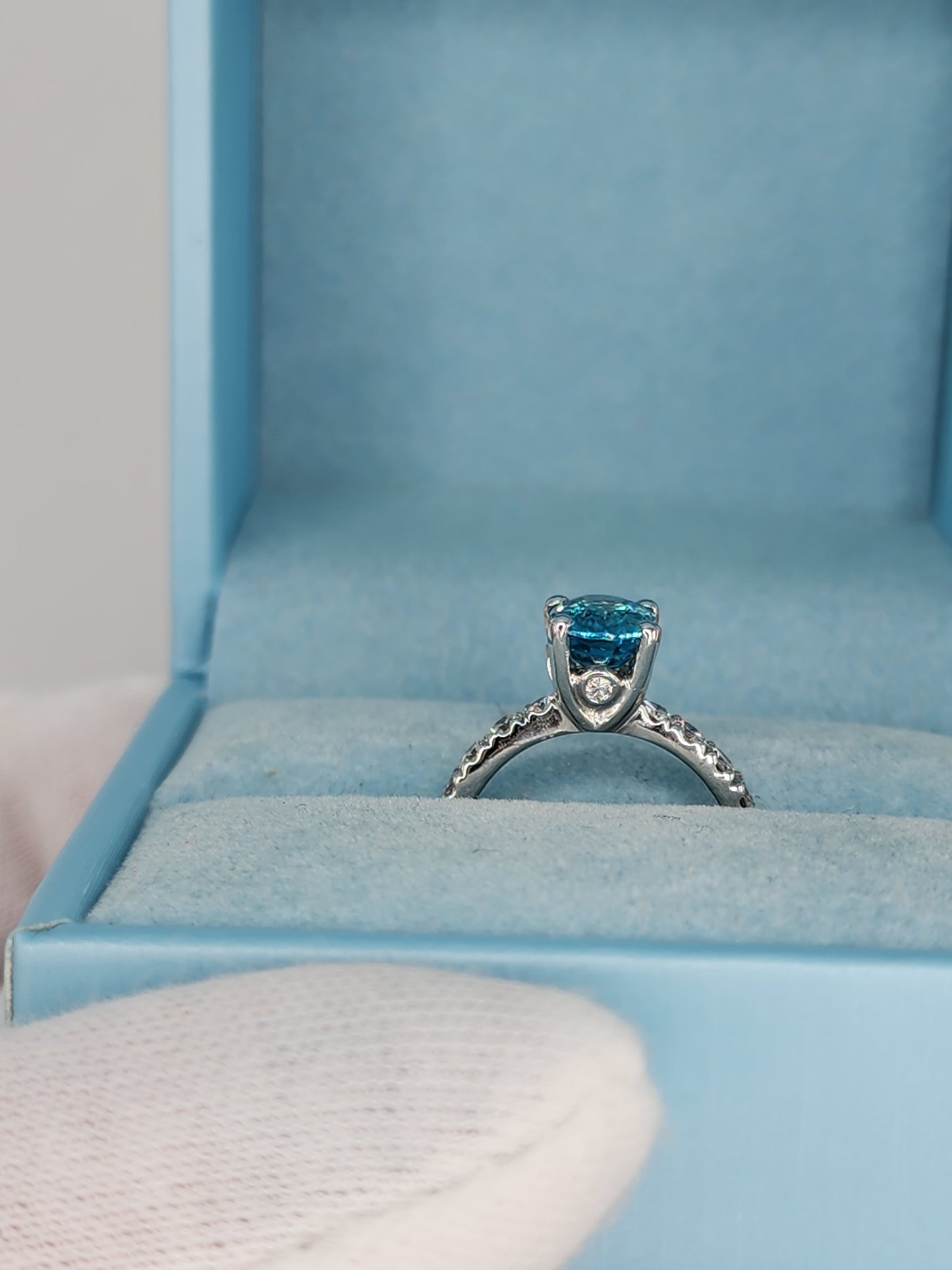 Natural 2.24 ct Blue Zircon and Diamond Ring in 14k White Gold