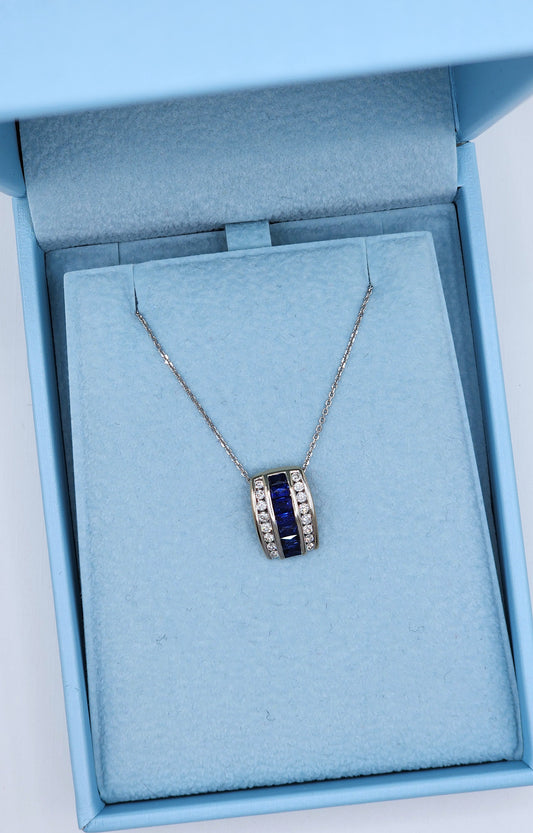 Baguette Cut Sapphire and Double Row Diamond Pendant in 18k White Gold