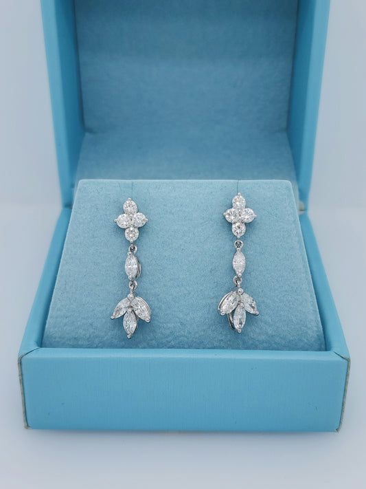 Marquise and Round Diamond Cluster Drop Earrings in 18k White Gold