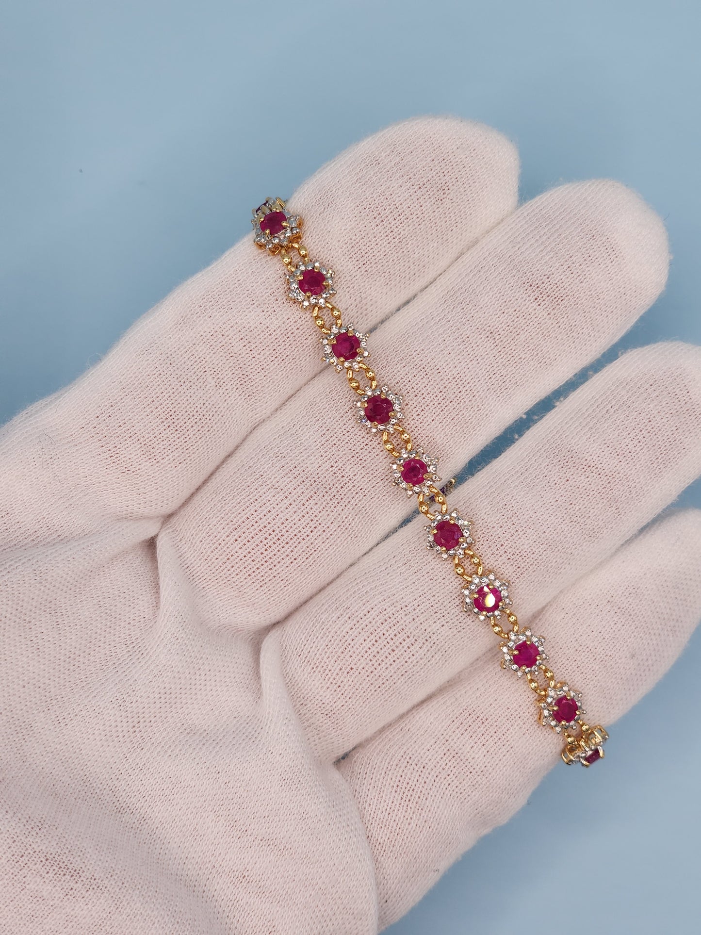 Ladies Flower Motif Ruby and Diamond Tennis Bracelet in 14k Yellow Gold