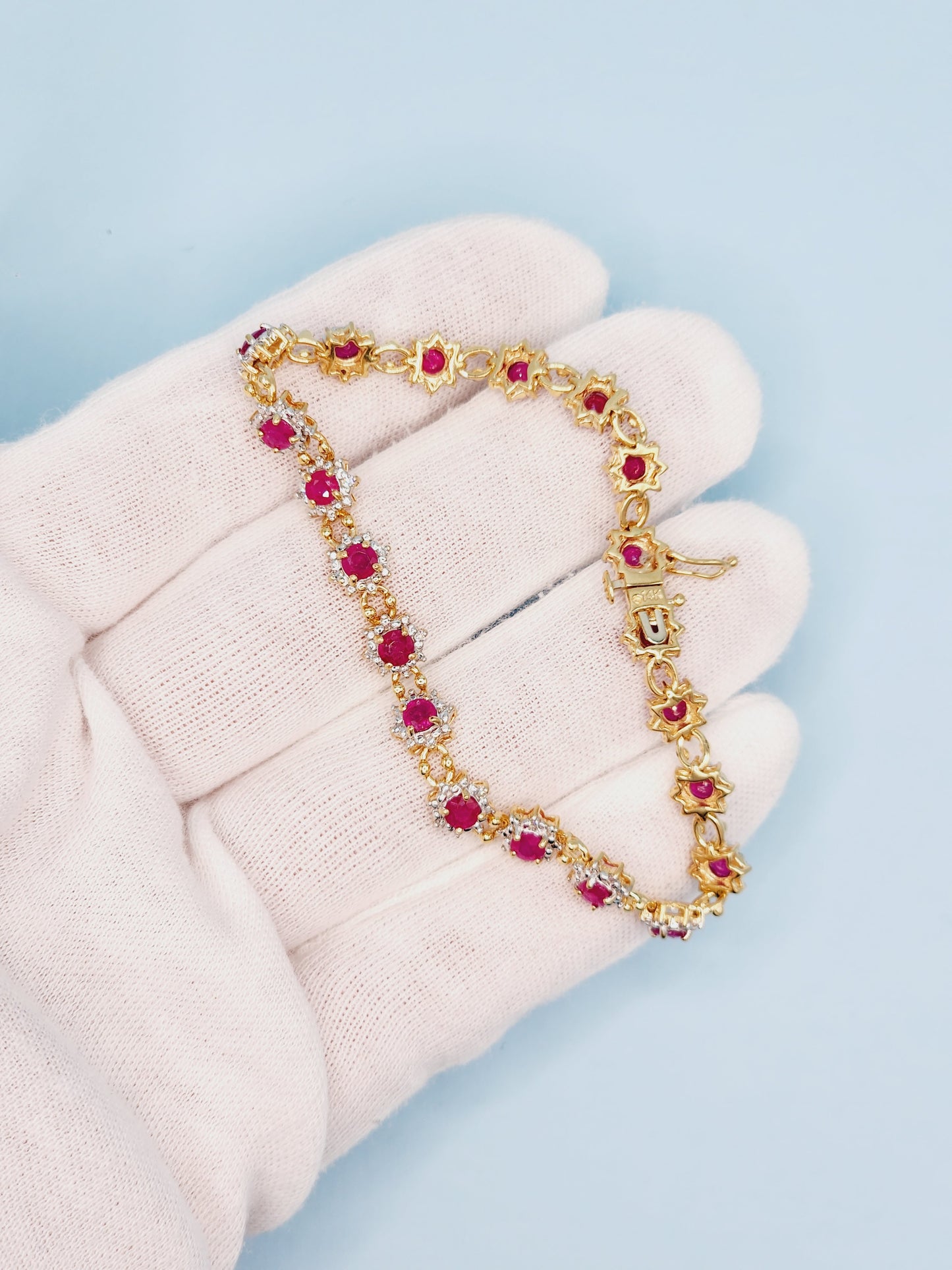 Ladies Flower Motif Ruby and Diamond Tennis Bracelet in 14k Yellow Gold