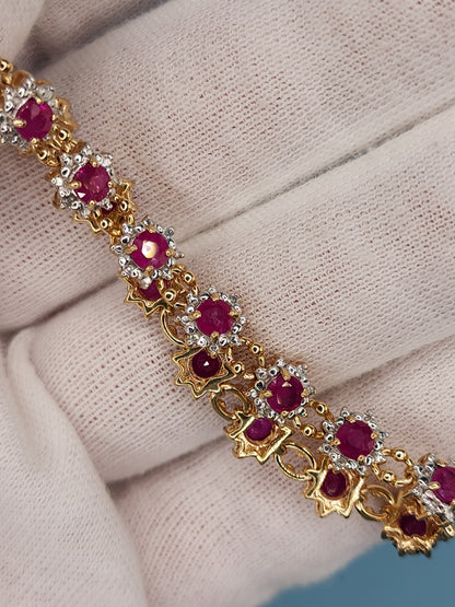 Ladies Flower Motif Ruby and Diamond Tennis Bracelet in 14k Yellow Gold