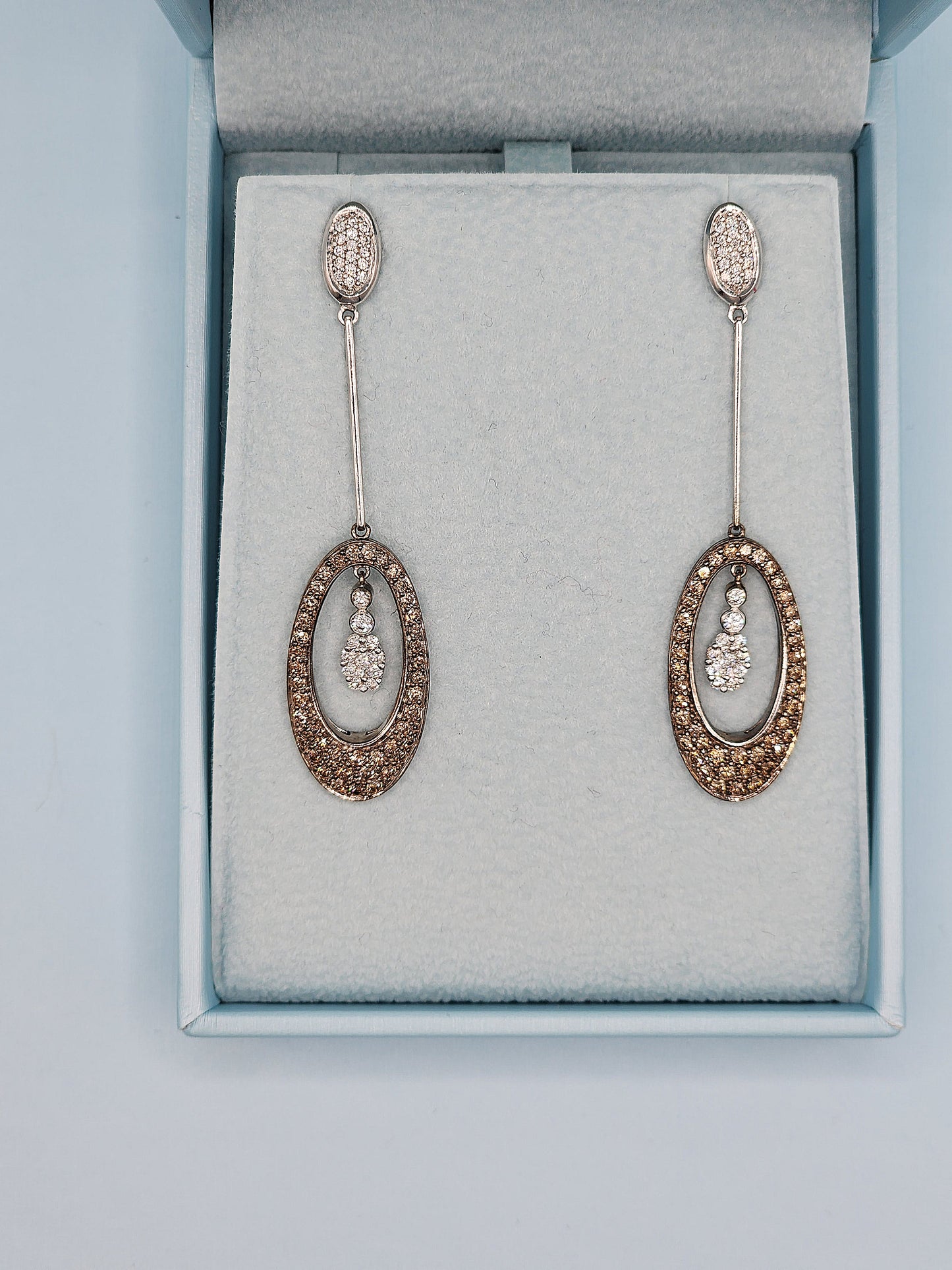 Natural White and Brown Diamond Drop Dangling Earrings in 14k White Gold