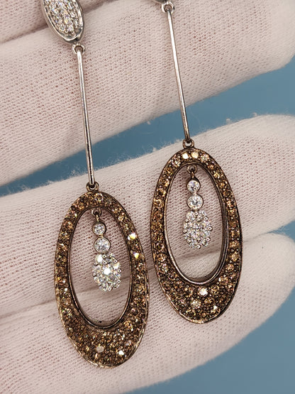 Natural White and Brown Diamond Drop Dangling Earrings in 14k White Gold