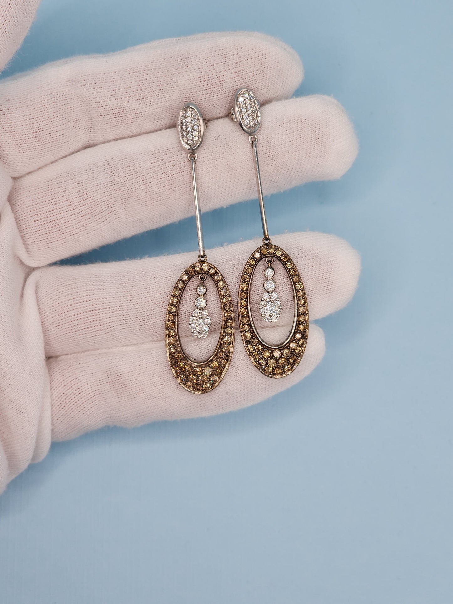 Natural White and Brown Diamond Drop Dangling Earrings in 14k White Gold