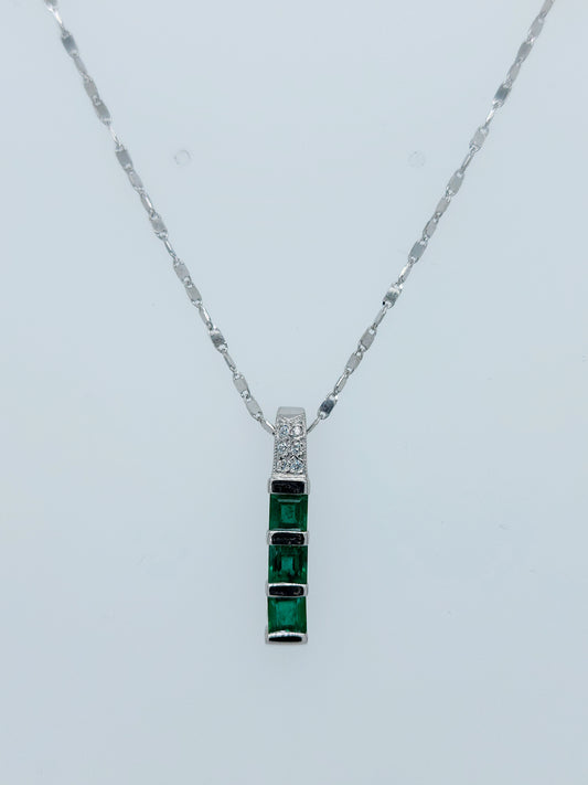 Past, Present and Future Emerald and Diamond Necklace 18" in 14k White Gold