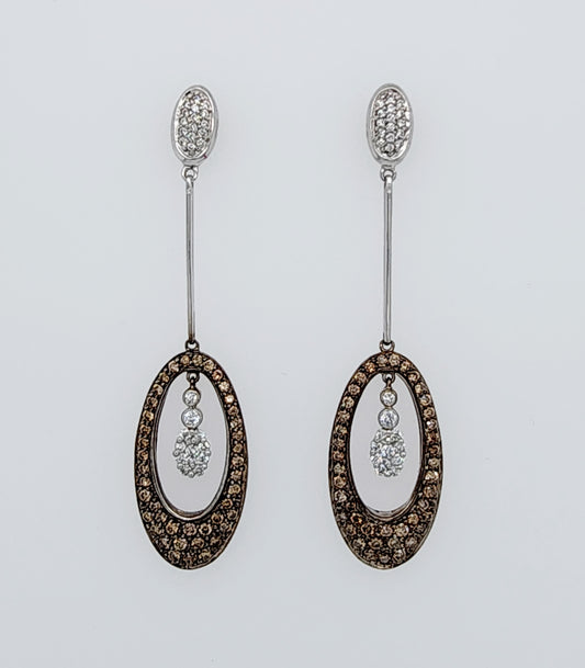 Natural White and Brown Diamond Drop Dangling Earrings in 14k White Gold