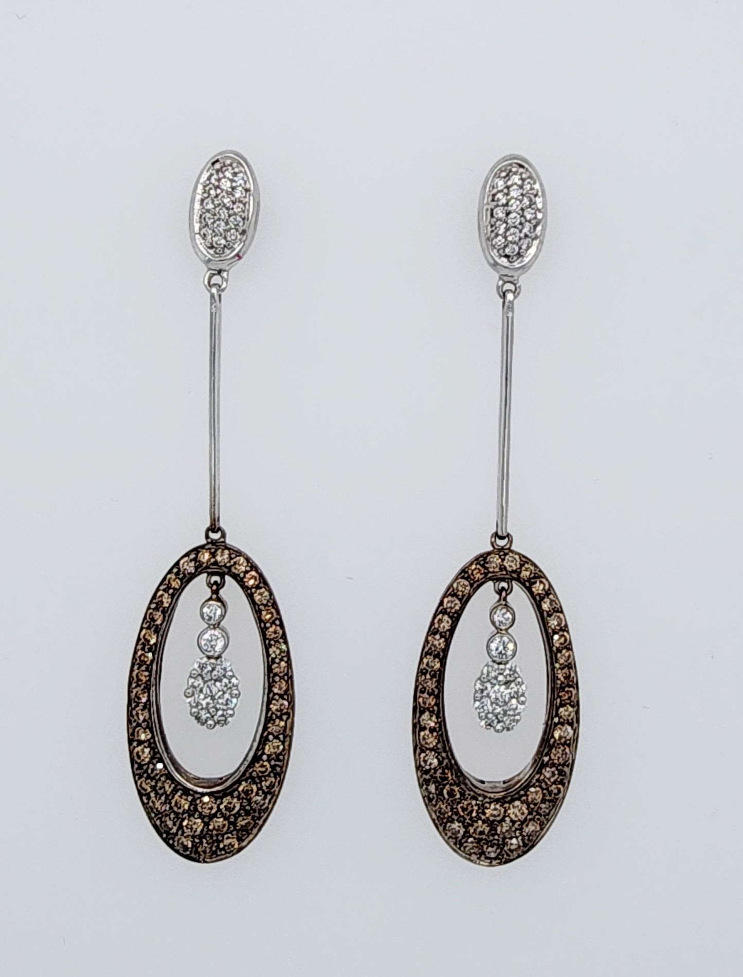 Natural White and Brown Diamond Drop Dangling Earrings in 14k White Gold