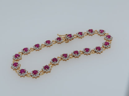 Ladies Flower Motif Ruby and Diamond Tennis Bracelet in 14k Yellow Gold