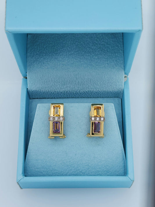 Emerald Cut Citrine and Amethyst Diamond Earrings 18k Yellow Gold and Platinum