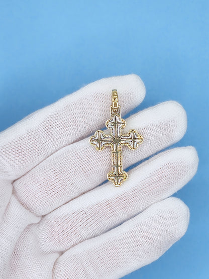 1 5/8 ct Natural Pave Diamond Orthodox Cross Pendant in 10k Yellow and White Gold