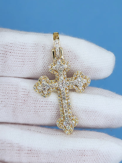 1 5/8 ct Natural Pave Diamond Orthodox Cross Pendant in 10k Yellow and White Gold