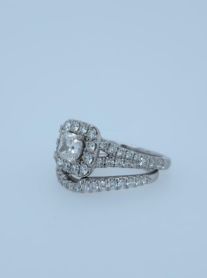 Neil Lane 1.02 ct Cushion Cut Diamond Halo Engagement Ring and Matching Wedding Band Set in 14k White Gold