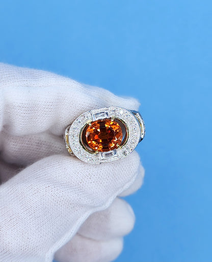 Spessartine Orange Garnet Diamond and Pink Topaz Ring in 14k Yellow and White Gold