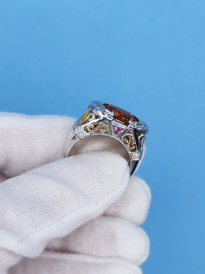 Spessartine Orange Garnet Diamond and Pink Topaz Ring in 14k Yellow and White Gold