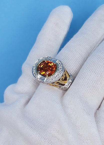 Spessartine Orange Garnet Diamond and Pink Topaz Ring in 14k Yellow and White Gold