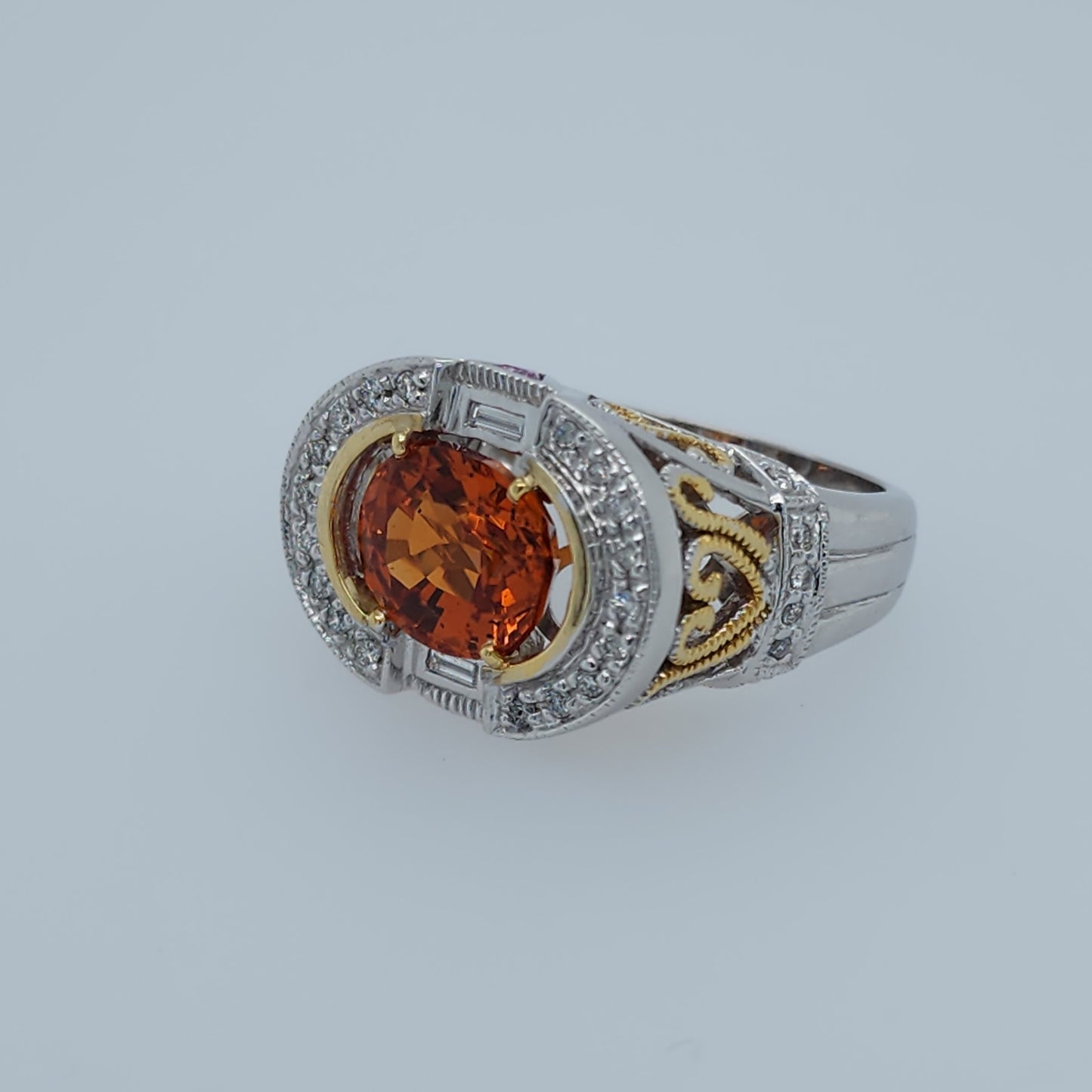 Spessartine Orange Garnet Diamond and Pink Topaz Ring in 14k Yellow and White Gold