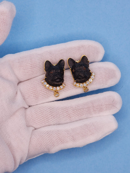 Black Carved French Bulldog Earrings with Diamonds in 18k Yellow Gold